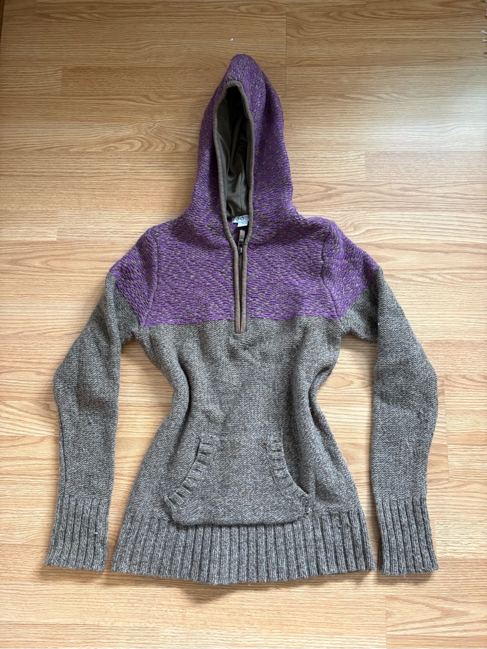 Purple and Brown Hooded Wool Sweater